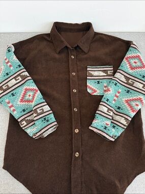 Source Unknown Brown Corduroy Button-Down with Turquoise Aztec Sleeves